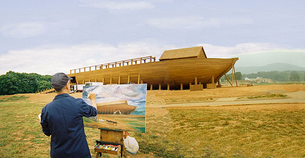 Over the next few days, amid the windstorms, dust storms, mud, rain (both real and artificially created for the deluge scene) and my constantly shifting vantage point due to camera repositioning, I managed to actually produce a painting I was pleased with. Since it might have been in the final cut, the painting was not done from the standpoint of an artist painting the movie set, but from the mindset of a person who might have viewed the scene within the context of the movie.